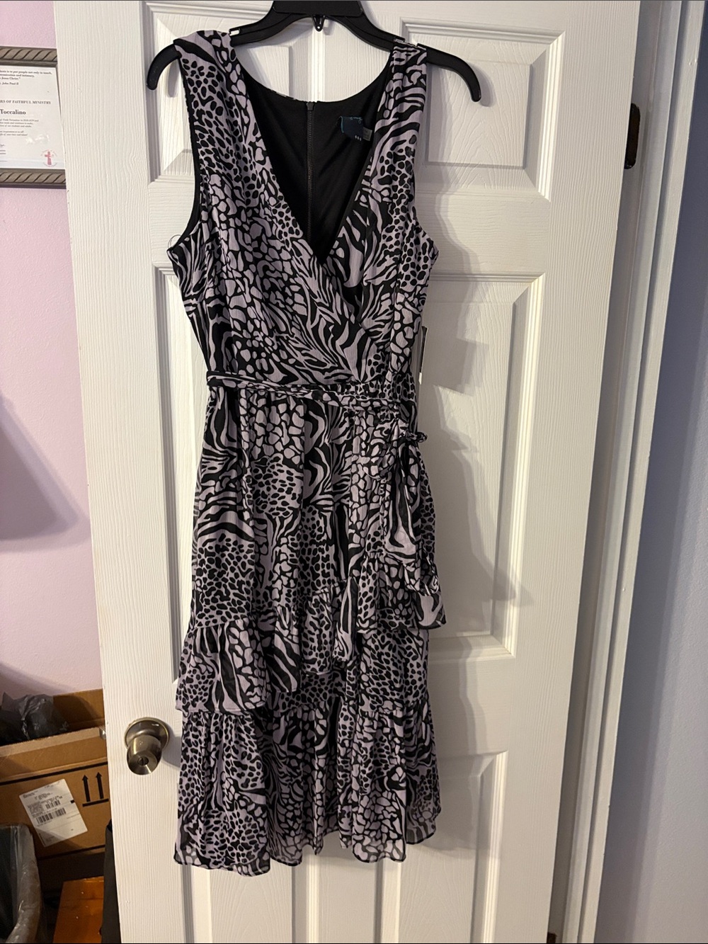 Gabby Skye Black and Light Gray Animal Print Midi Wrap Dress